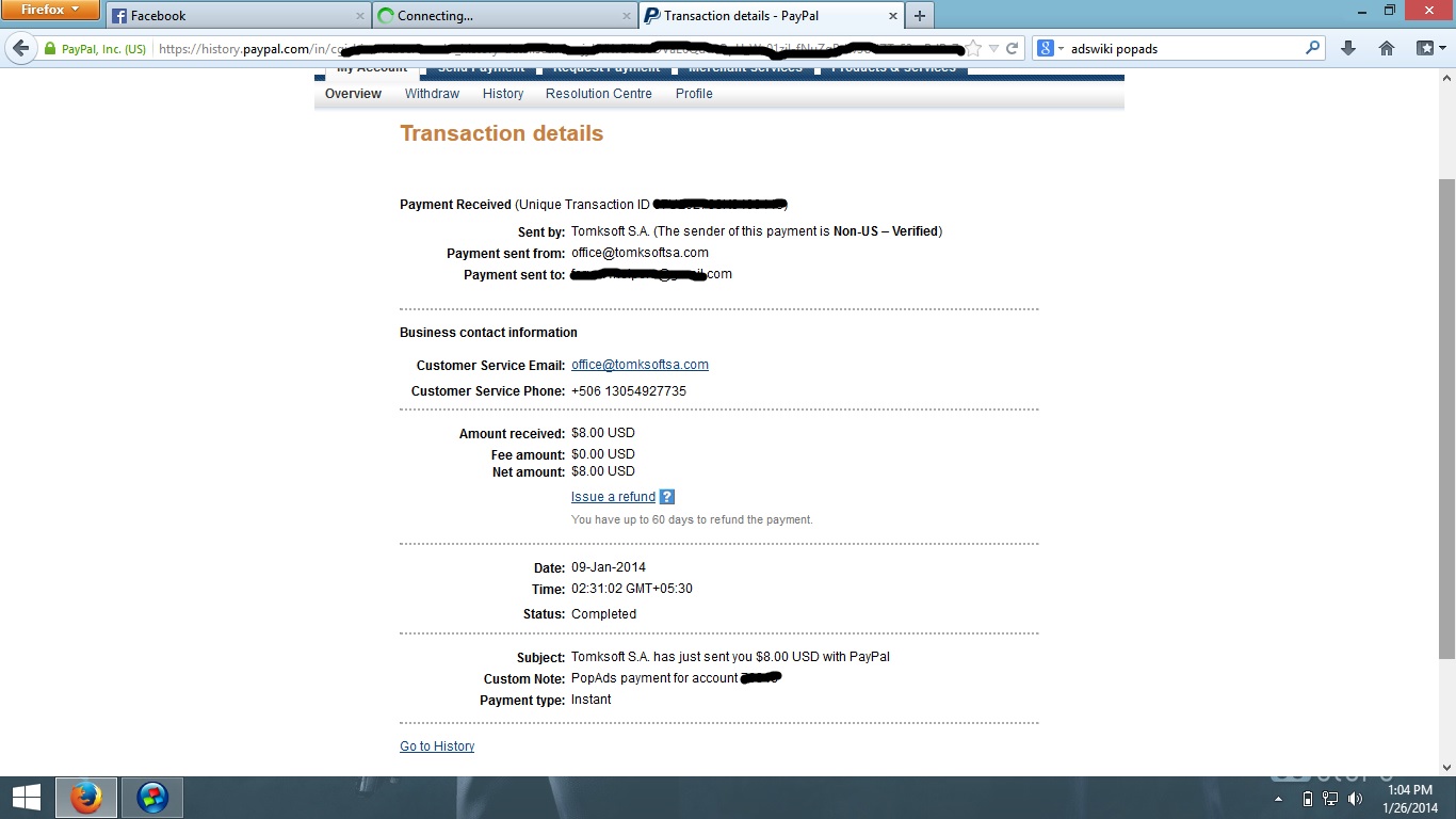 Payment Proof Popads $8.00 USD - 9 ian 2014